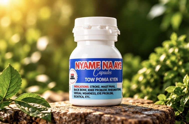Nyame Na Aye Capsules bottle among green leaves